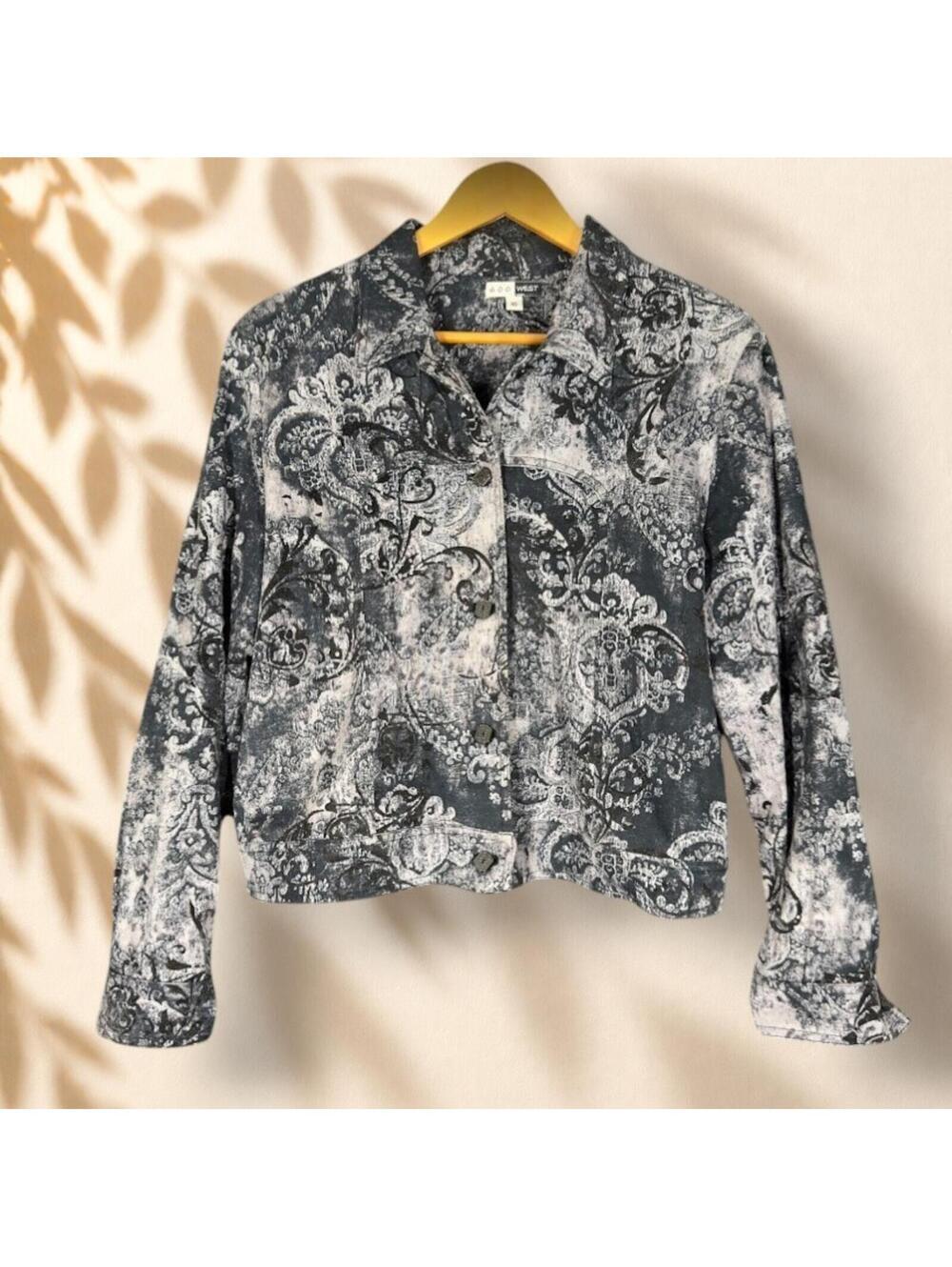 West Jacket Women 10 Gray Geometric Button Collared Denim Long Sleeve Casual